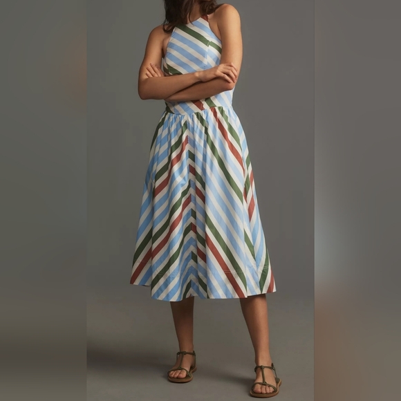 Maeve Anthropologie Women's Striped Halter Midi Sundress Blue White Green Red XS - Picture 1 of 11